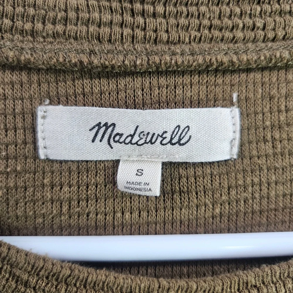 Madewell Womens Small Brown Waffle Knit Puff Sleeve Top Pleated Shoulder